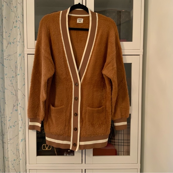 Aritzia Sunday Best Katie Fuzzy Cardigan Brown & Cream Color Size Small - Picture 4 of 9